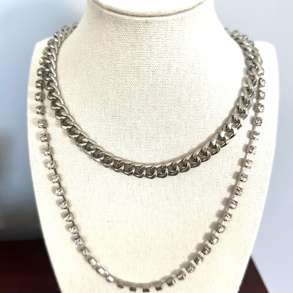 Bikercore Biker Chain Link Necklace Rhinestone Chunky Choker Silver tone